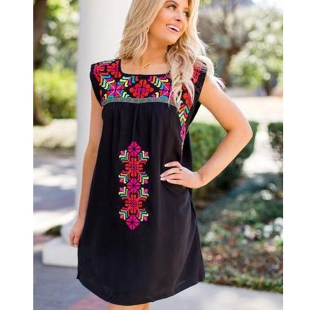 J MARIE Black Multi Oaxaca Embroidered Tunic Mini Dress Small Shift Boho